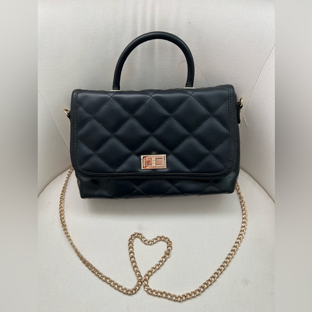 Black Quilted Hand/Shoulder Bag with Gold Chain and Accents